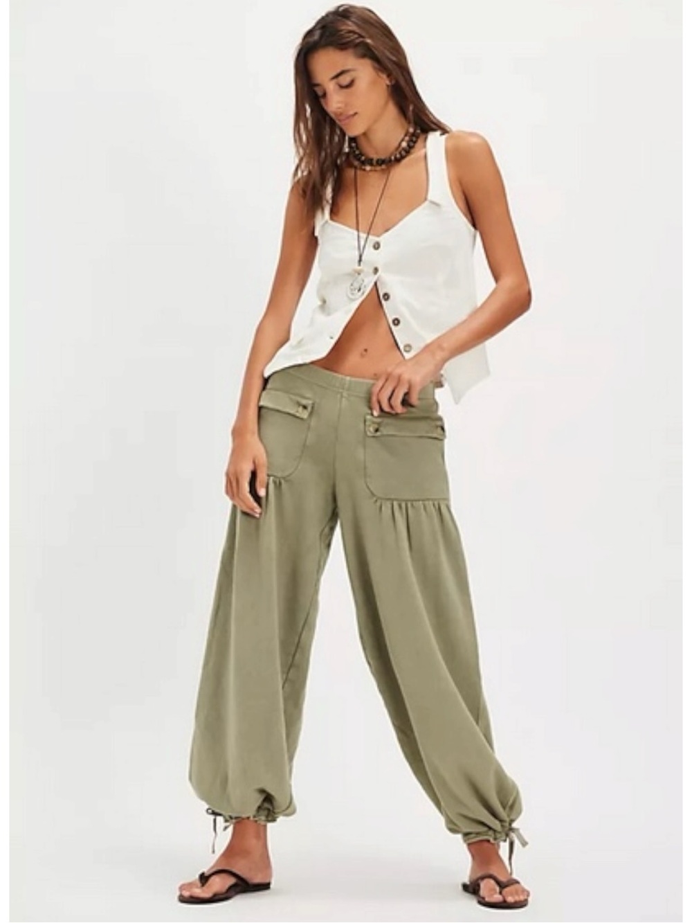 Free People FP One Bohemian Wide Leg Barrel Arden Knit Pants Sage Green Large - Picture 13 of 13